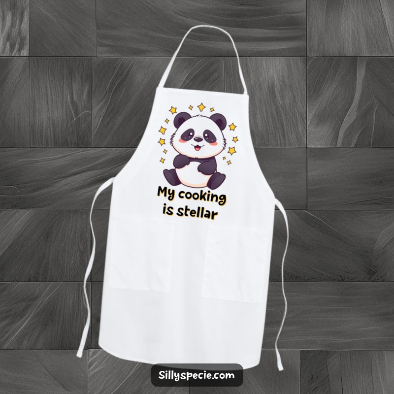 Funny Apron with a dizzy panda spinning with stars circling its head, bringing humor to the kitchen.