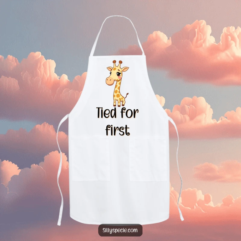 Funny Apron: A giggling giraffe humorously tying its long neck into a knot, ready to protect your clothes with laughter.