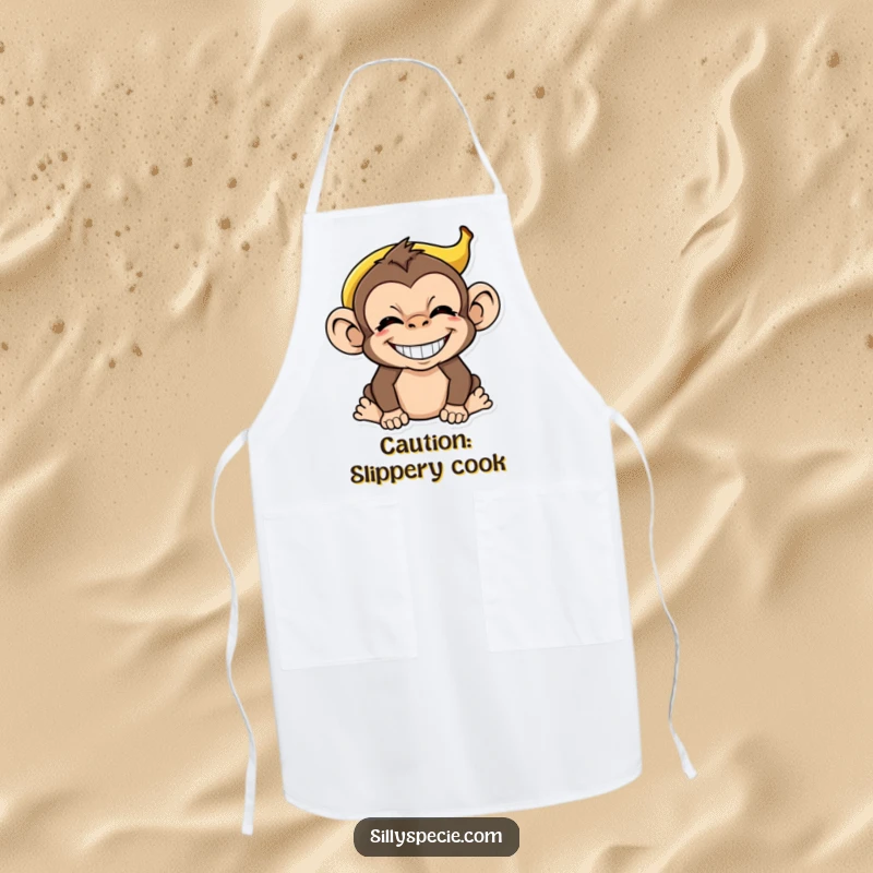 Funny Monkey Apron showing a monkey with a banana peel on its head, grinning absurdly, perfect for kitchen humor and gifts.