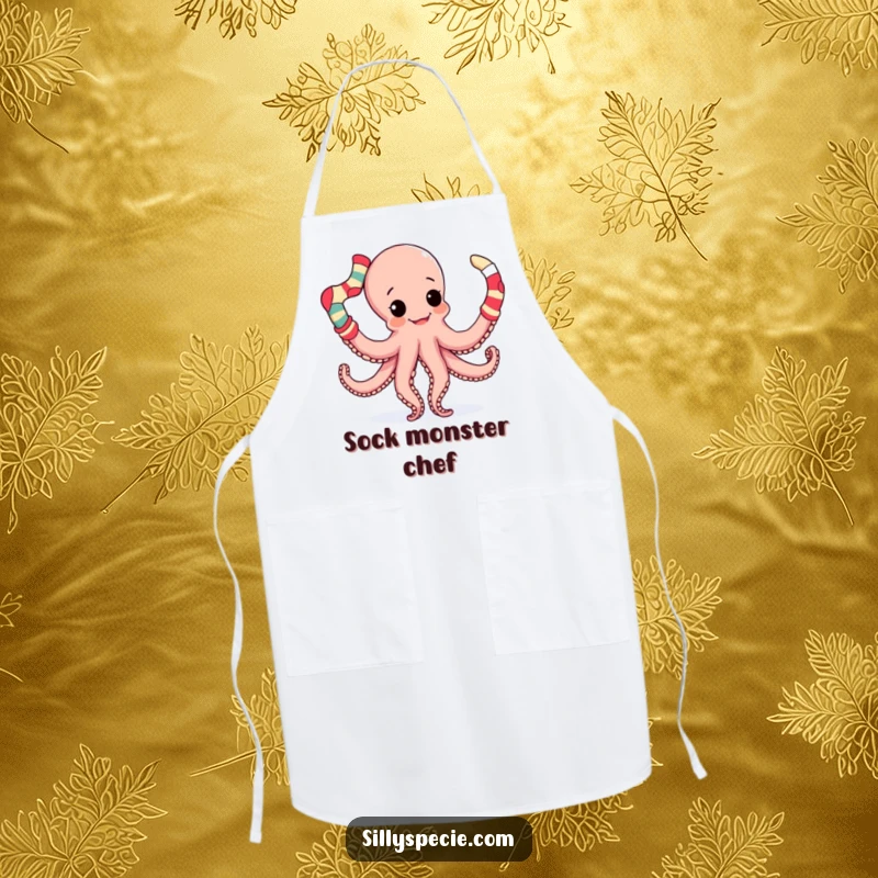 Funny Apron showing a busy octopus with all its tentacles, juggling mismatched socks, perfect for a humorous cooking experience.