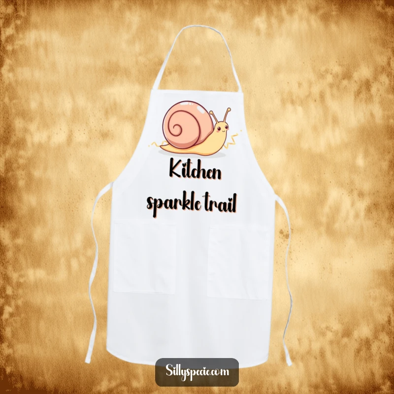 Funny Apron: An enthusiastic snail leaves a sparkling zig-zag trail while cooking, bringing joy to the kitchen.