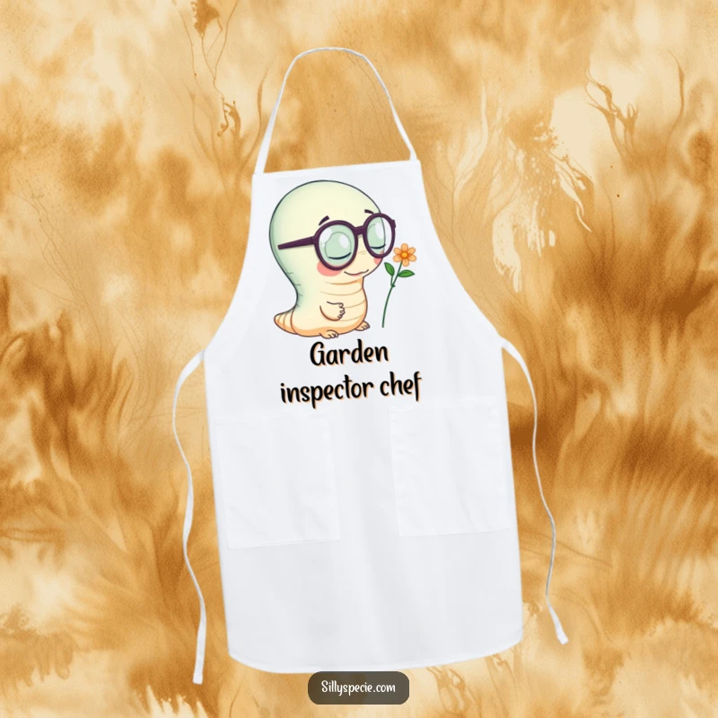 Funny Apron showing a wiggly worm with oversized spectacles inspecting a tiny flower, perfect for a humorous gardening experience.