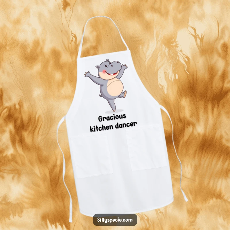 Funny Apron showing a happy hippopotamus attempting a ballet pirouette, perfect for a humorous cooking experience.