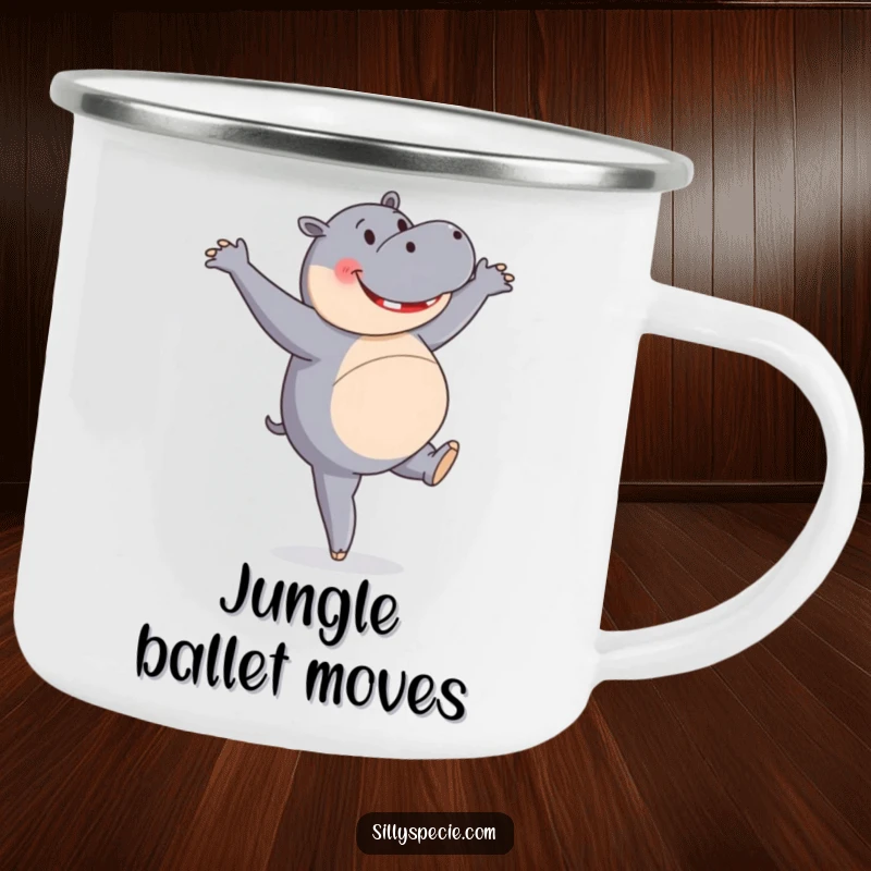 Funny Camping Mug showcasing a happy hippopotamus attempting a ballet pirouette, perfect for outdoor enthusiasts with a sense of humor.