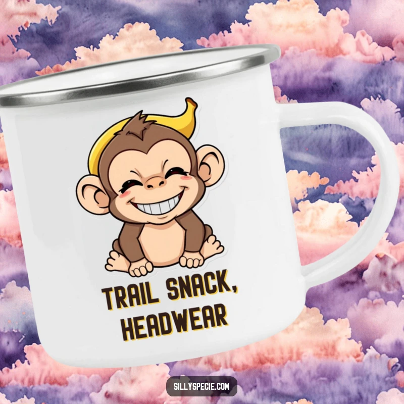 Funny Monkey Camping Mug with a banana peel on its head, grinning absurdly, ideal for campfire laughs and outdoor fun.