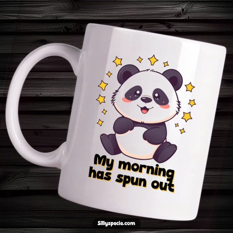 Funny Mug featuring a dizzy panda spinning with cartoon stars circling its head, looking hilariously disoriented.