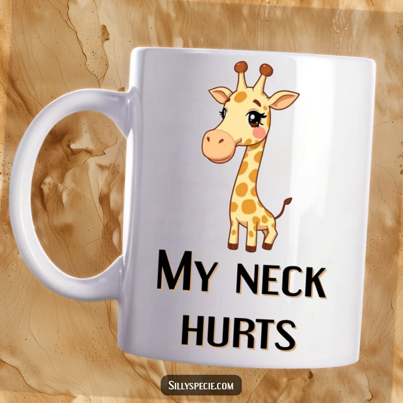 Funny Mug: A giggling giraffe with its incredibly long neck tied into a funny knot, looking hilariously confused and joyful.