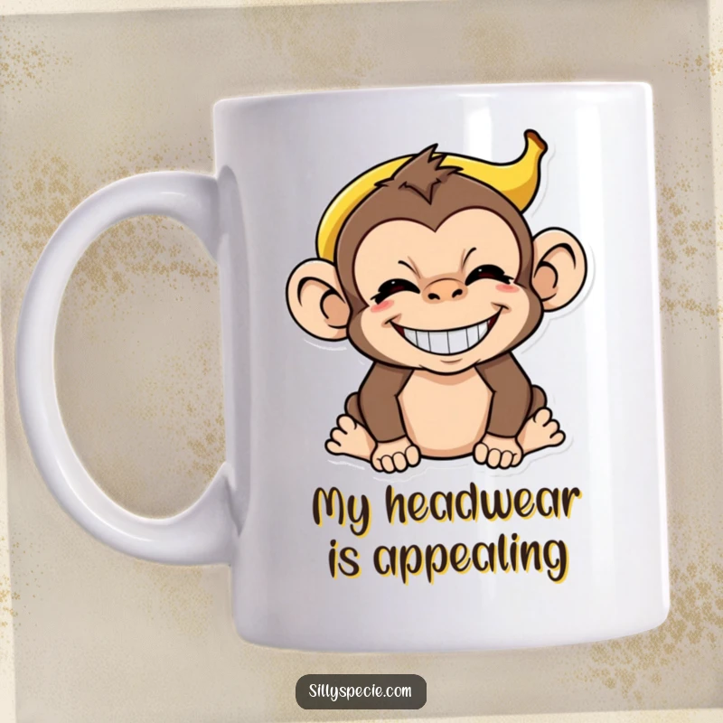 Funny Monkey Mug with a banana peel hat, grinning widely, showcasing hilarious absurdity and playful mischief for a great gift.