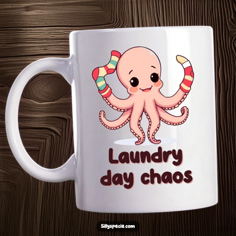 Funny Mug of a playful octopus with multiple tentacles, hilariously juggling a pile of mismatched socks, looking quite busy.