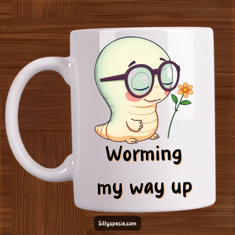 Funny Mug of a wiggly worm wearing oversized spectacles, intently inspecting a tiny, delicate flower with great focus.