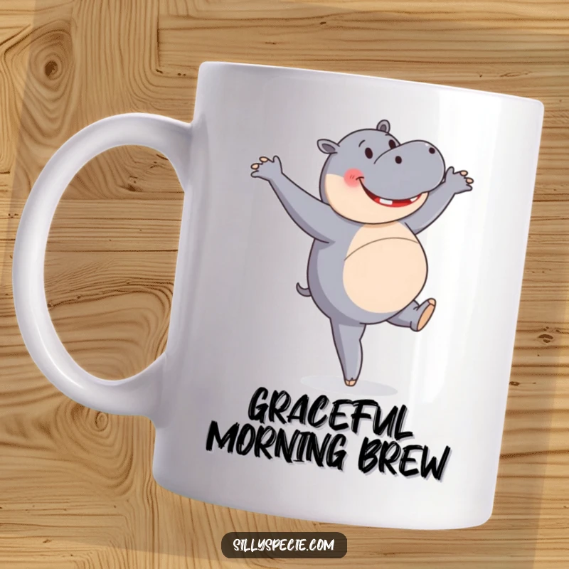Funny Mug of a happy hippopotamus attempting a clumsy yet enthusiastic ballet pirouette, looking surprisingly joyful.