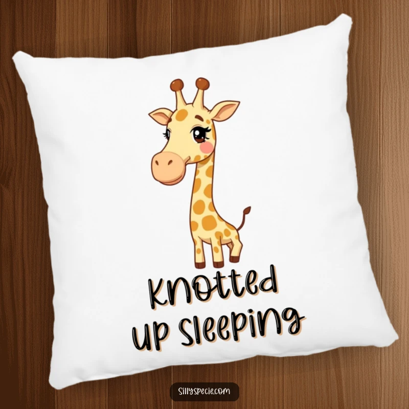 Funny Pillow: A giggling giraffe with its long neck tied into a funny, complex knot, offering soft, humorous comfort.