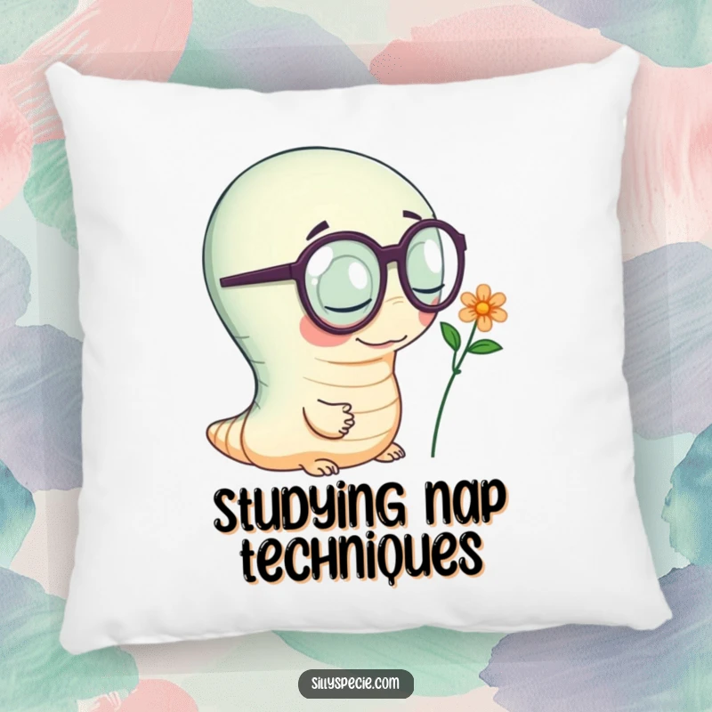 Funny Pillow designed with a wiggly worm wearing oversized spectacles, inspecting a tiny flower, bringing curious vibes.