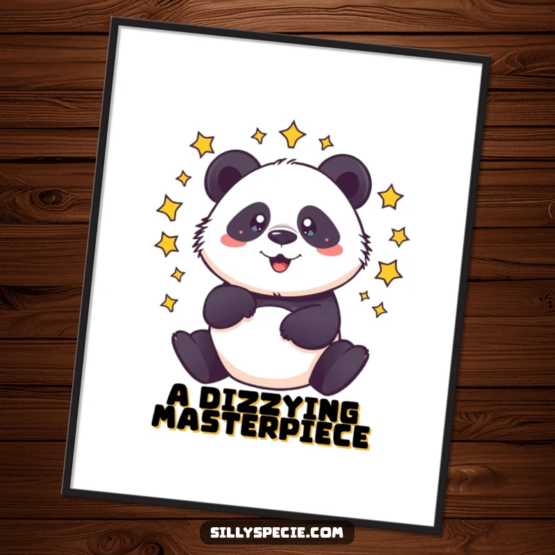 Funny Digital Art Print of a dizzy panda spinning with stars circling its head, perfect for humorous decor.