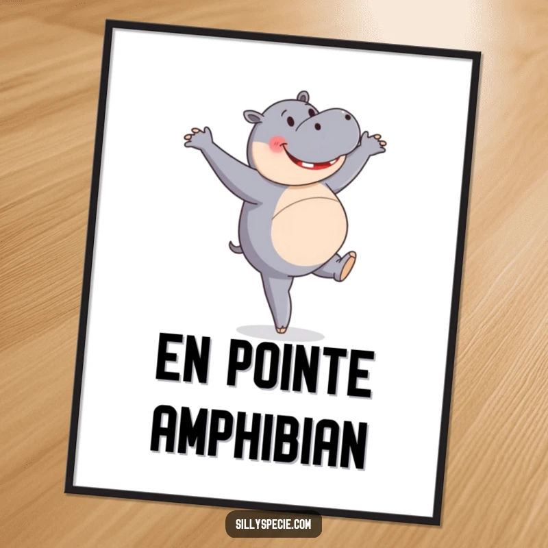 Funny Digital Art Print of a happy hippopotamus attempting a ballet pirouette, conveying grace, humor, and unexpected talent.