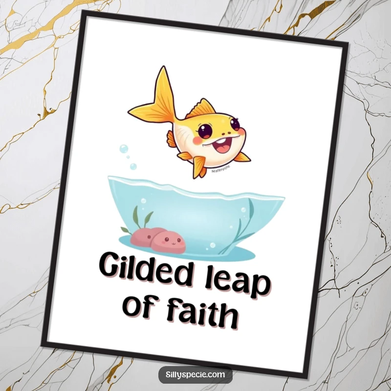 Funny Digital Art Print of a goofy goldfish leaping in a silly arc out of water, conveying energetic and humorous aquatic action.