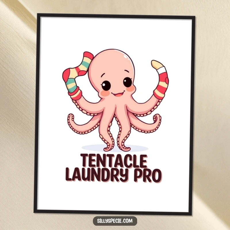 Funny Digital Art Print of a playful octopus with multiple tentacles, hilariously juggling a variety of mismatched socks, vibrant and amusing.