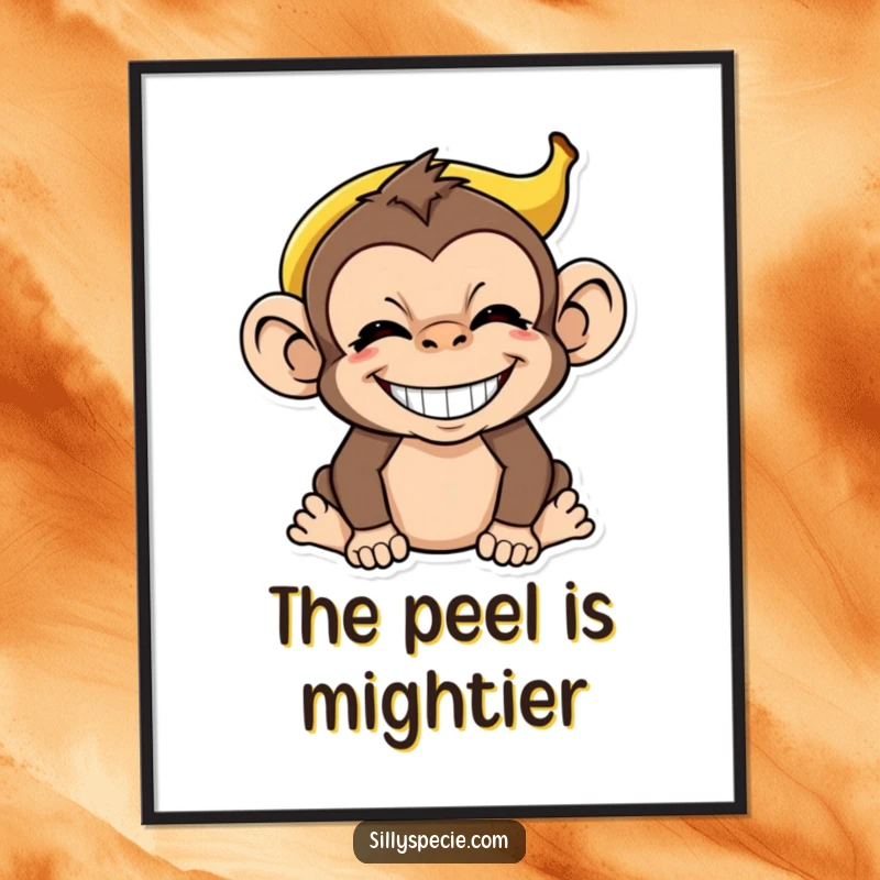 Funny Monkey Digital Art Print of a monkey wearing a banana peel hat and grinning absurdly, perfect for humorous wall decor.