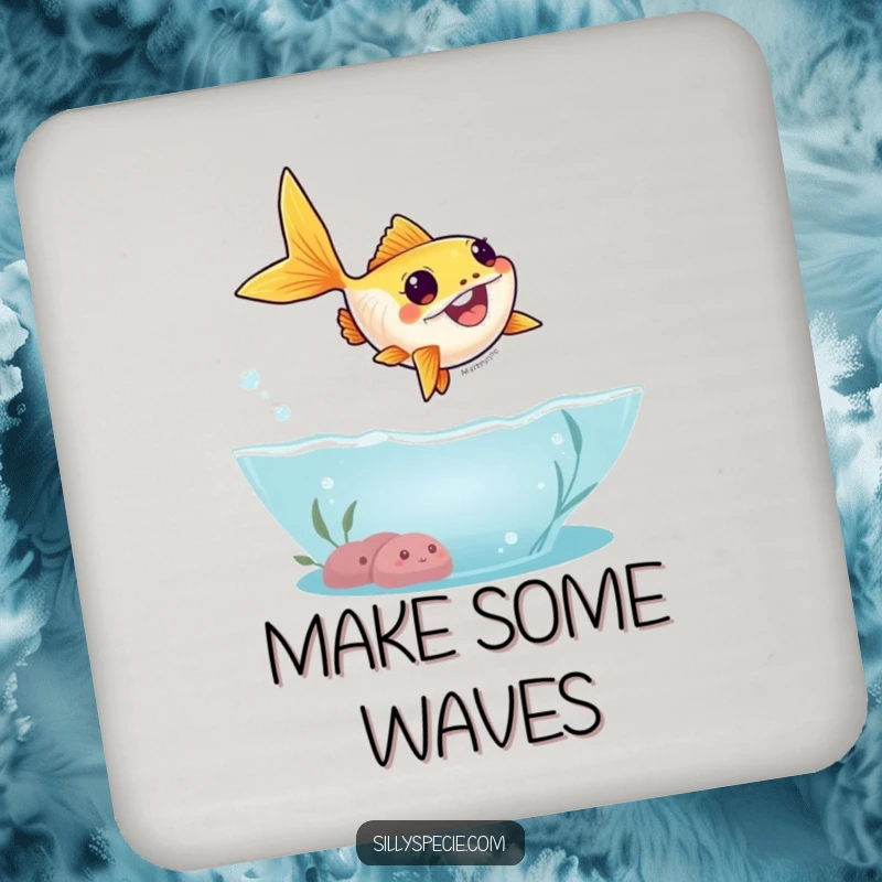 Funny Coaster with a goofy goldfish leaping in a silly arc out of water, protecting surfaces with amusing charm.