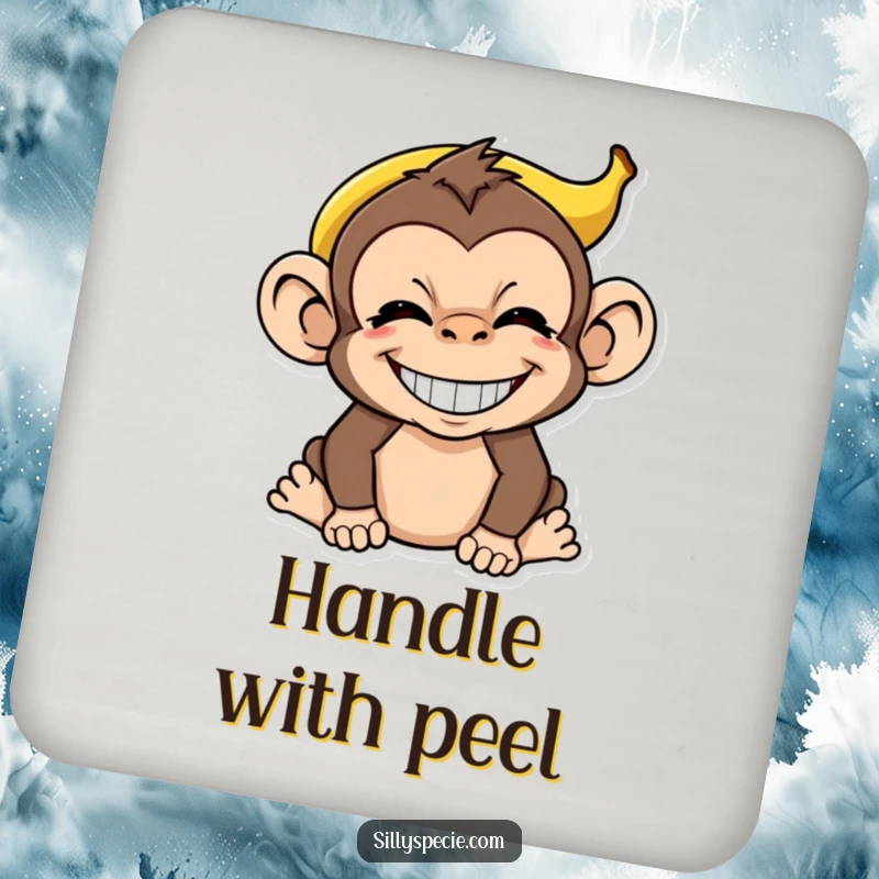 Funny Monkey Coaster featuring an absurdly grinning monkey with a banana peel on its head, protecting drinks with style.