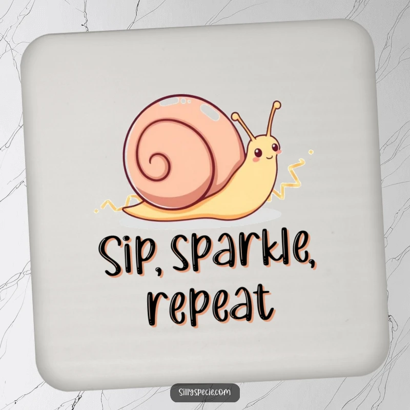 Funny Coaster: An enthusiastic snail's sparkling, zig-zag trail adorns this coaster, protecting surfaces with humor.