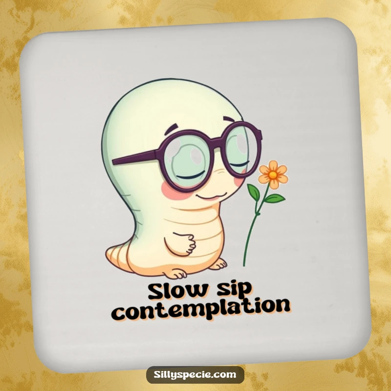 Funny Coaster with a wiggly worm wearing oversized spectacles, inspecting a tiny flower, protecting surfaces with charming detail.