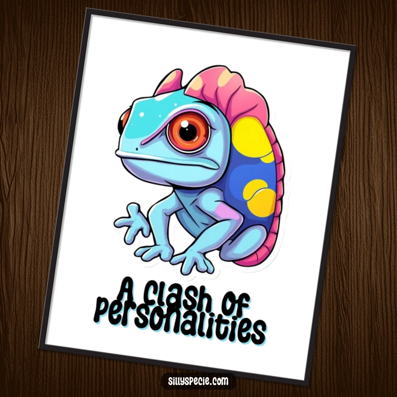 Funny Poster of a confused chameleon changing into clashing, vibrant colors, perfect for adding visual interest.