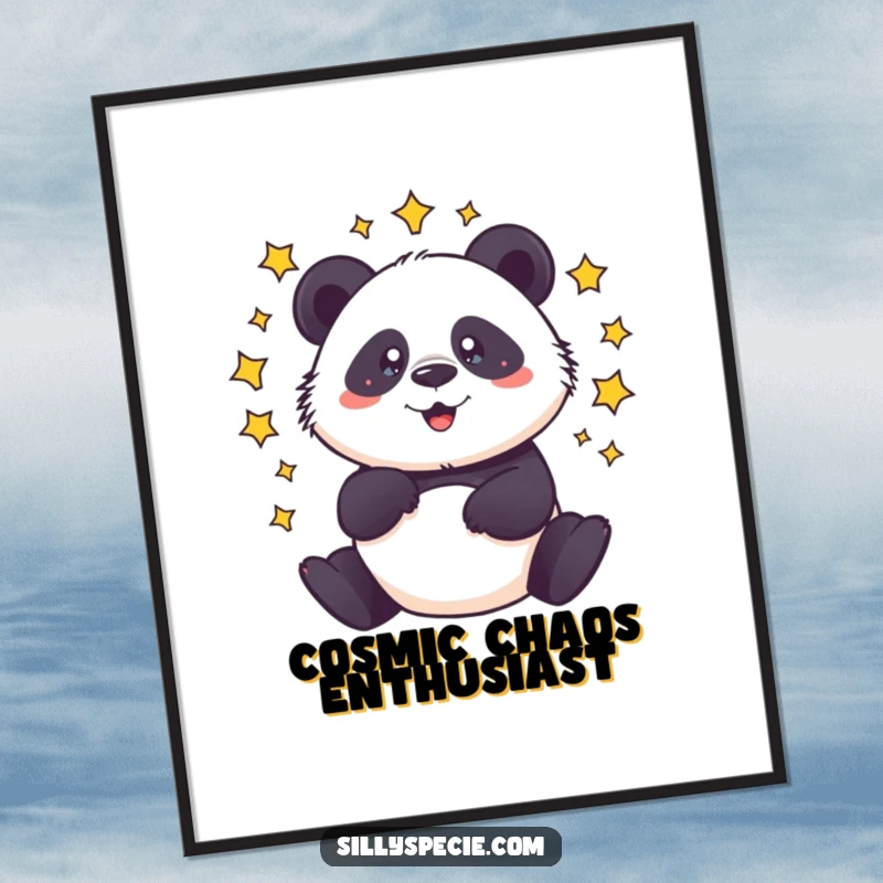 Funny Poster of a dizzy panda spinning with stars circling its head, perfect for adding humor to walls.