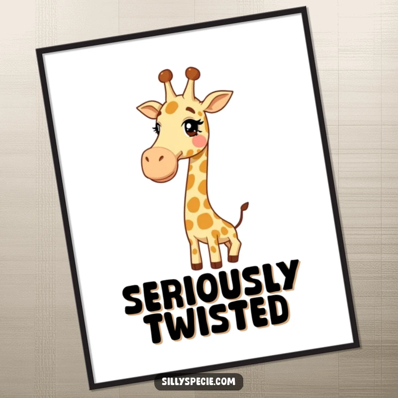 Funny Poster: A giggling giraffe humorously bent into a tight knot with its long neck, creating a comical visual.