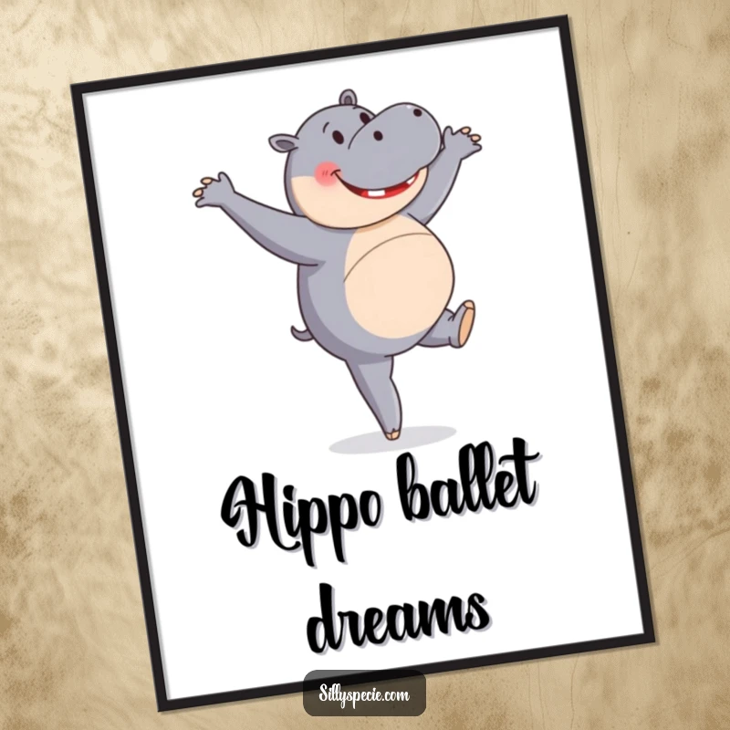 Funny Poster of a happy hippopotamus performing a ballet pirouette with earnest effort, a charming and funny piece.