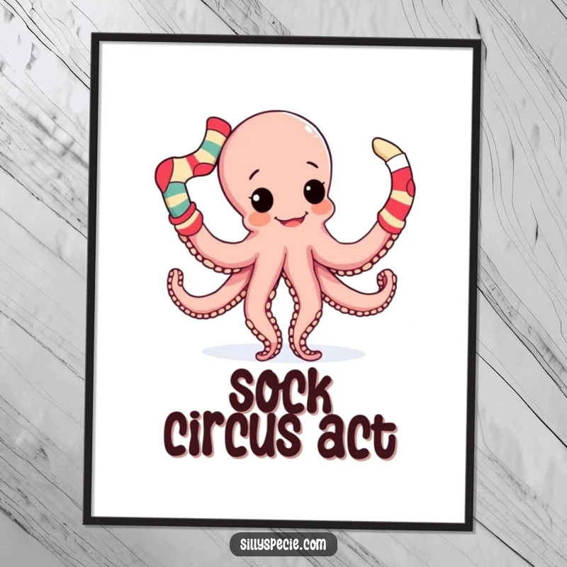 Funny Poster of a playful octopus using its tentacles to juggle a colorful assortment of mismatched socks, very entertaining.