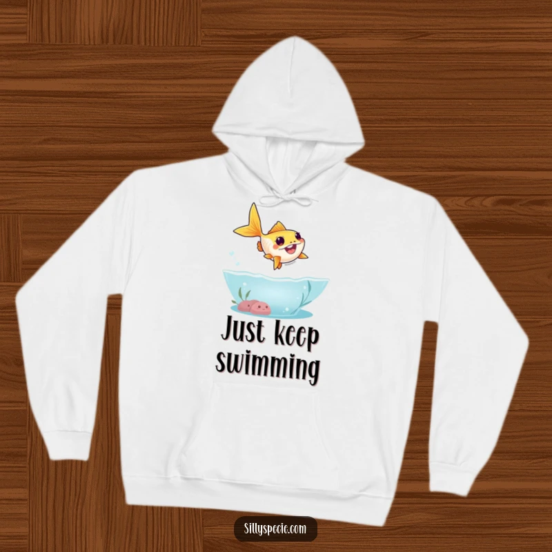 Funny Hoodie showing a goofy goldfish leaping out of the water in a funny, exaggerated arc, ready for adventure.