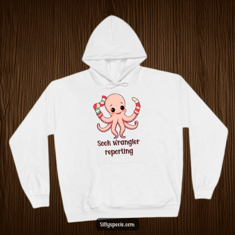 Funny Hoodie illustrating a busy octopus with tentacles entangled, hilariously juggling a heap of mismatched socks, very amusing.