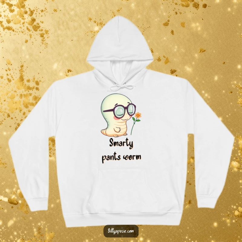 Funny Hoodie showing a wiggly worm wearing oversized spectacles, diligently inspecting a tiny flower, embodying studious observation.