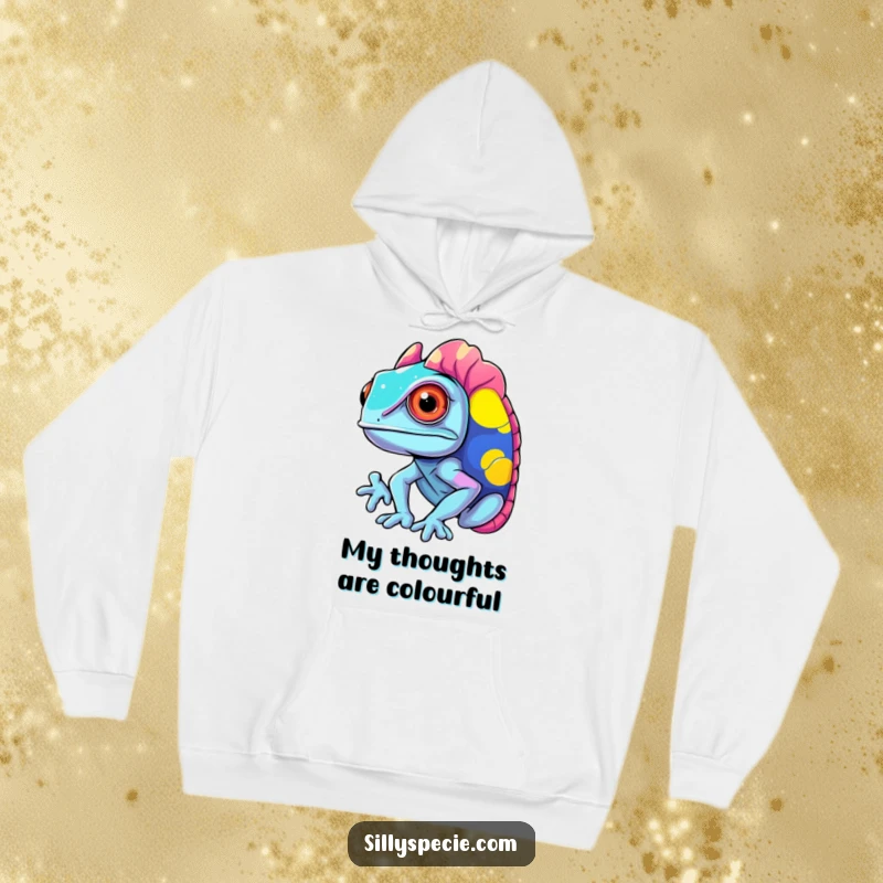 Funny Hoodie featuring a confused chameleon changing into clashing, vibrant colors, offering cozy, humorous style.