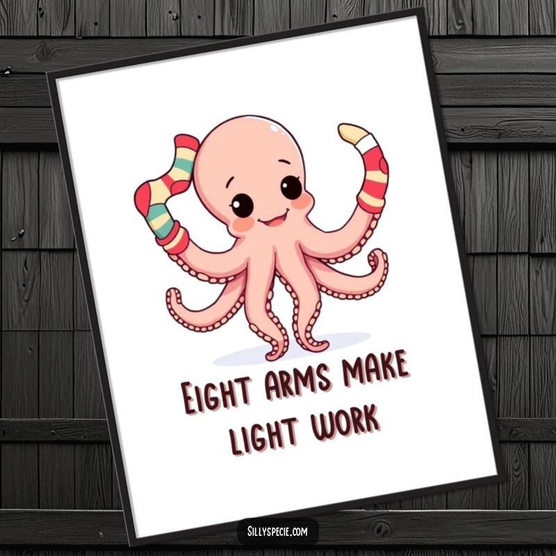 Funny Free Printable Wall Art featuring a playful octopus juggling a pile of mismatched socks with its tentacles.