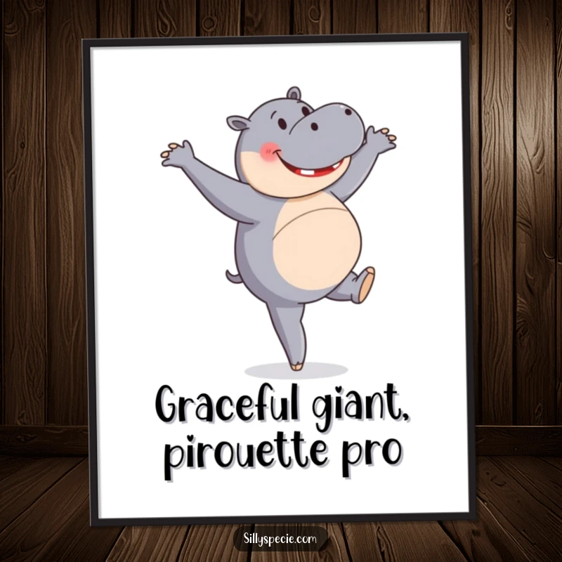 Funny Free Printable Wall Art showing a happy hippopotamus in mid-pirouette, attempting ballet with great enthusiasm.