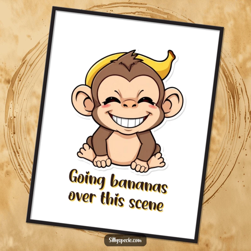 Funny Free Printable Wall Art: Cheeky monkey with a banana peel absurdly perched on its head, grinning widely.