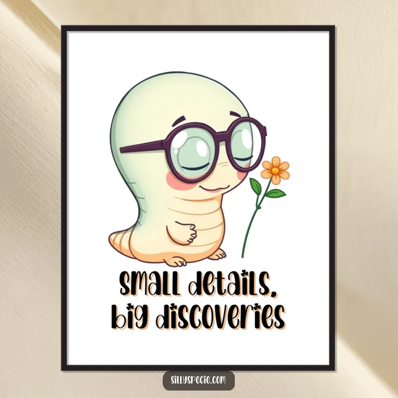 Funny Free Printable Wall Art featuring a wiggly worm wearing oversized spectacles, diligently inspecting a minuscule flower.