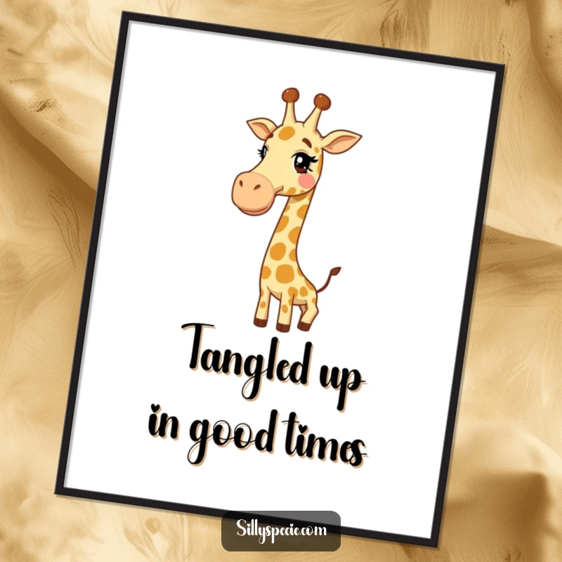 Funny Free Printable Wall Art: A giggly giraffe's long neck is comically tied into a knot, creating humorous and quirky home decor, download now.