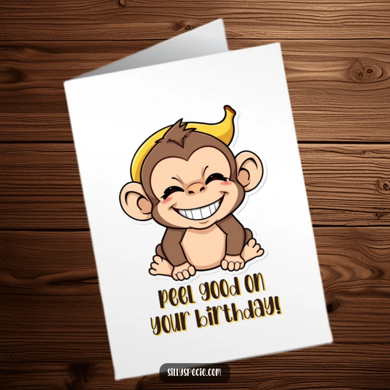 Funny Free Printable Birthday Card: Cheeky monkey with banana peel on head, grinning widely, ready for a laugh.