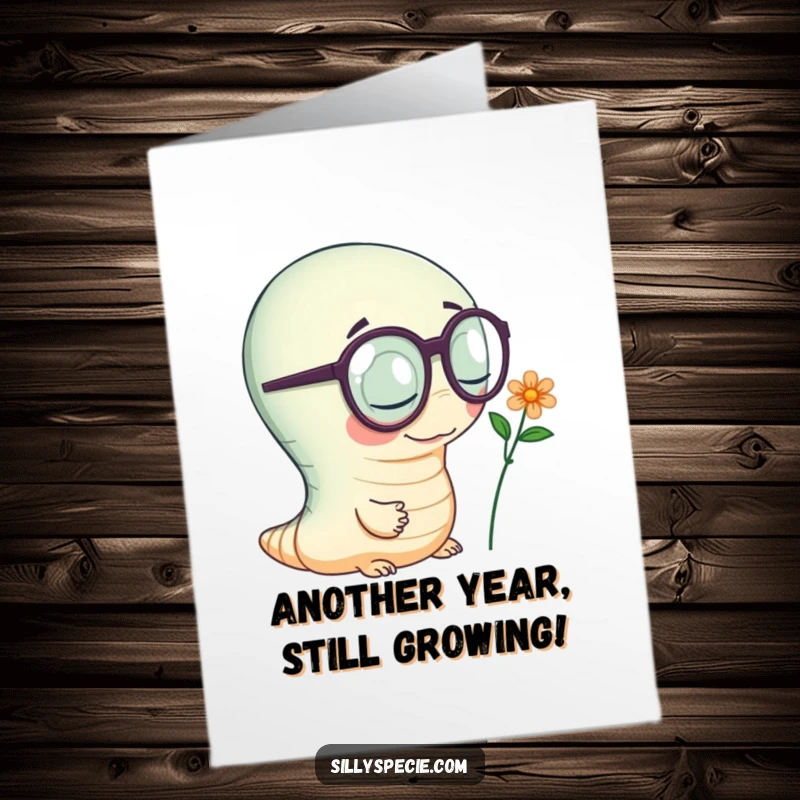 Funny Free Printable Birthday Card featuring a wiggly worm wearing oversized spectacles, curiously inspecting a tiny flower.