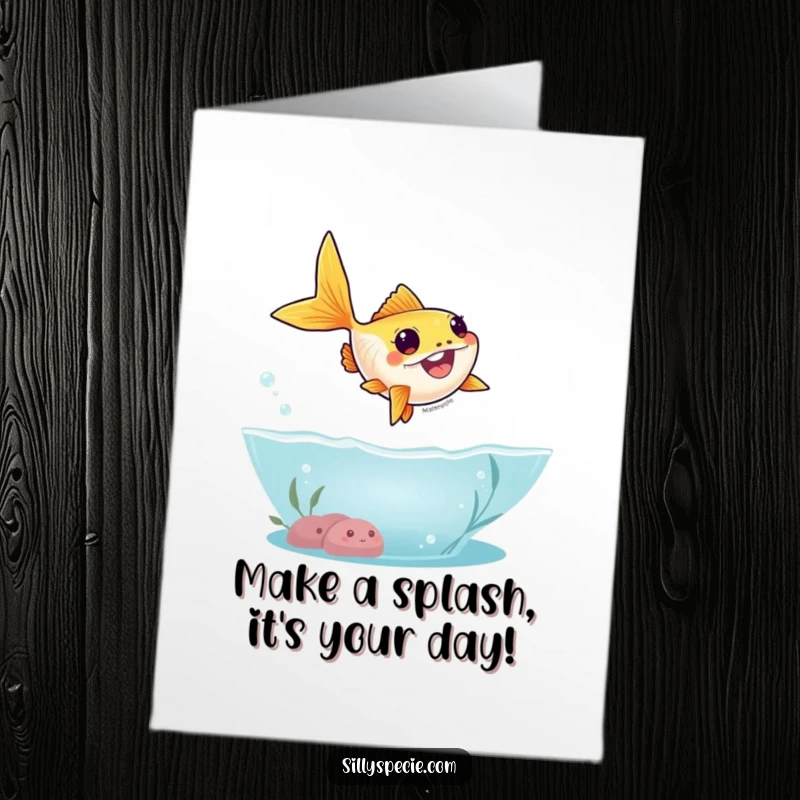 Funny Free Printable Birthday Card of a goofy goldfish leaping out of water in a comical, silly arc.