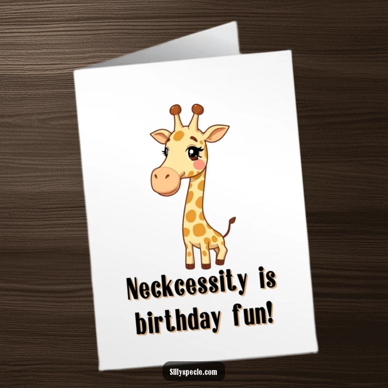 Funny Free Printable Birthday Card: Giggly giraffe with a comically long neck tied in a knot, ready to wish you a happy birthday.