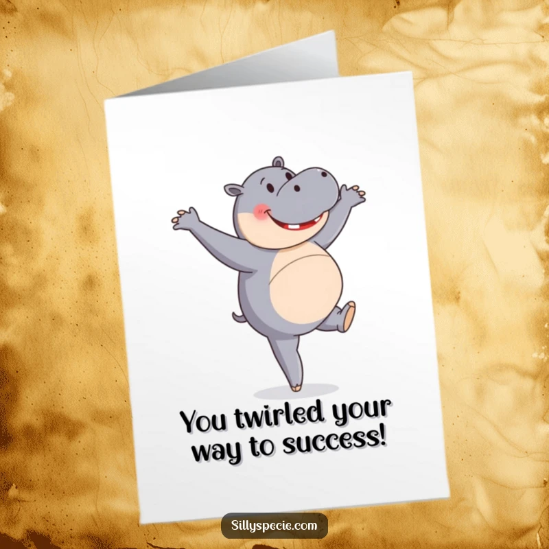 Funny Free Printable Congratulations Card of a happy hippopotamus gracefully attempting a ballet pirouette.