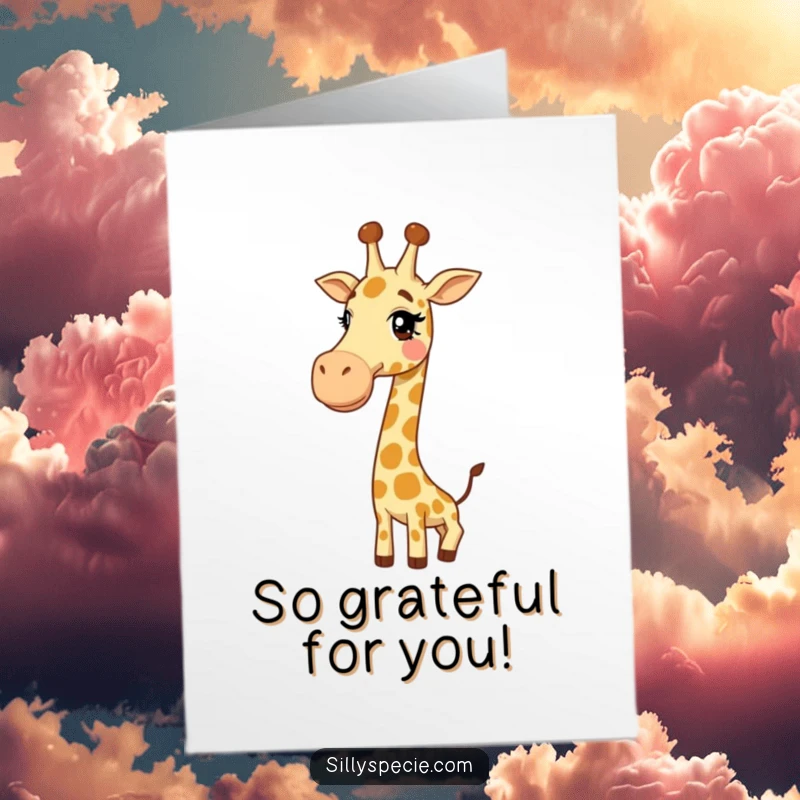 Funny Free Printable Thank You Card: A giggly giraffe with its impossibly long neck tied in a knot, showing gratitude, download and print.
