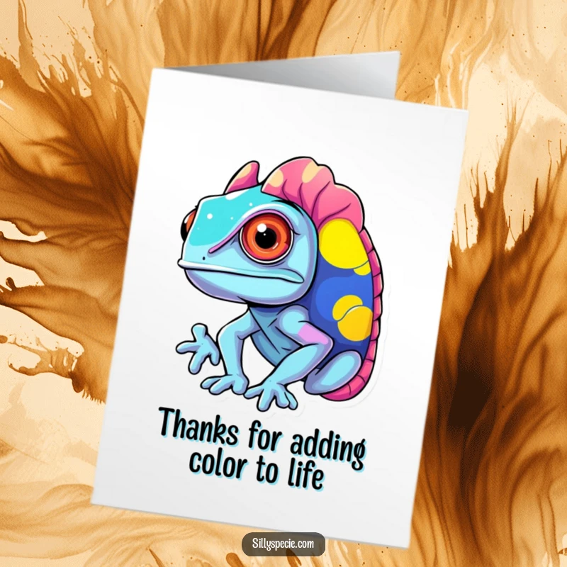 Funny Free Printable Thank You Card: a confused chameleon shifts through clashing vibrant colors, expressing heartfelt thanks.