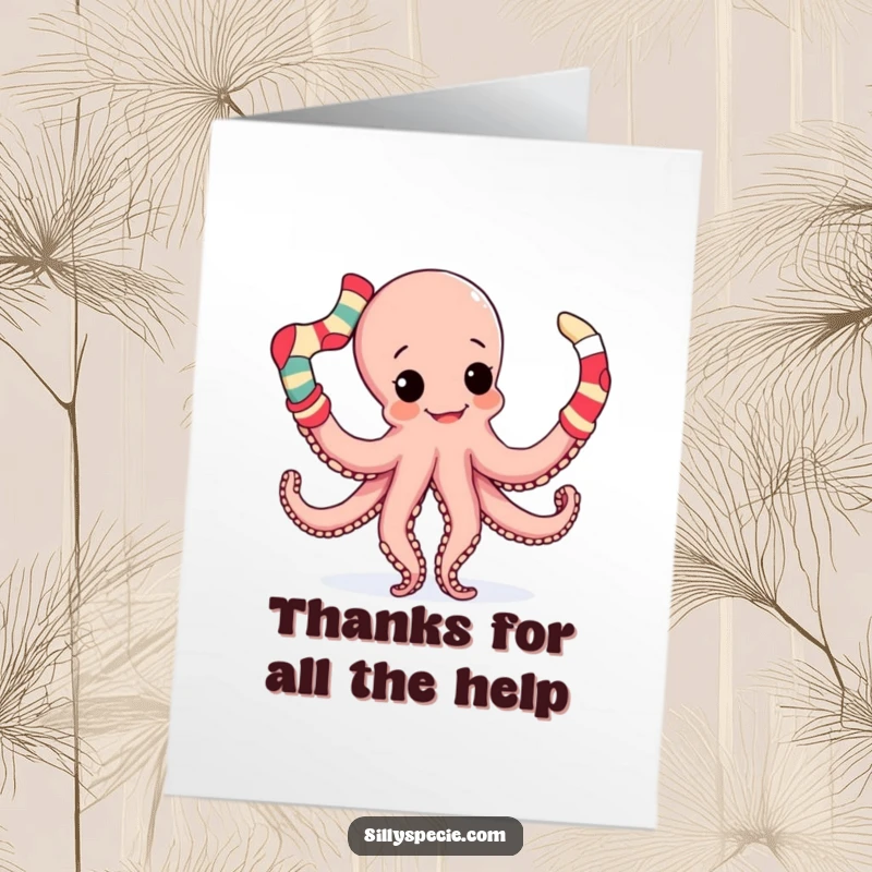 Funny Free Printable Thank You Card of a cheerful octopus juggling colorful, mismatched socks with enthusiasm.