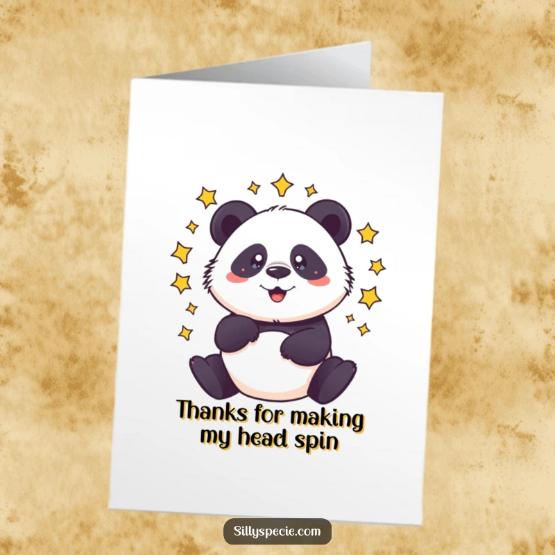 Funny Free Printable Thank You Card: a dizzy panda spins with stars, expressing gratitude with a humorous twist.