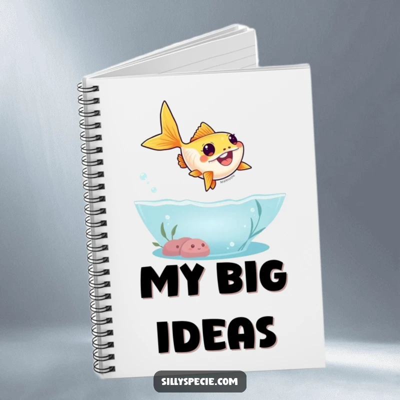 Funny Notebook cover featuring a goofy goldfish leaping in a silly arc out of water, ideal for jotting down ideas.